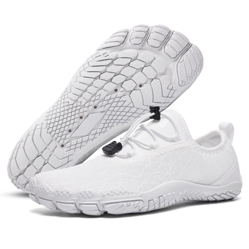 HIITAVE Water Shoes Women Slip on Beach Shoes Wide Toe Aqua Shoes Women Quick Dry Hiking Barefoot Shoes for Beach Kayaking Fishing All White Size 6 US Women