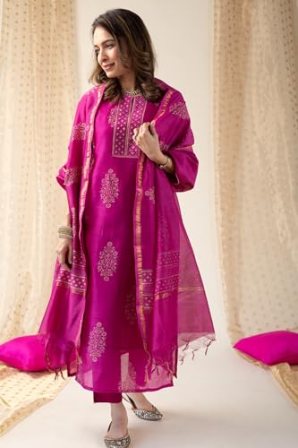 Image of GoSriKi Women's Rayon Viscose Straight Printed Kurta with Pant & Dupatta
