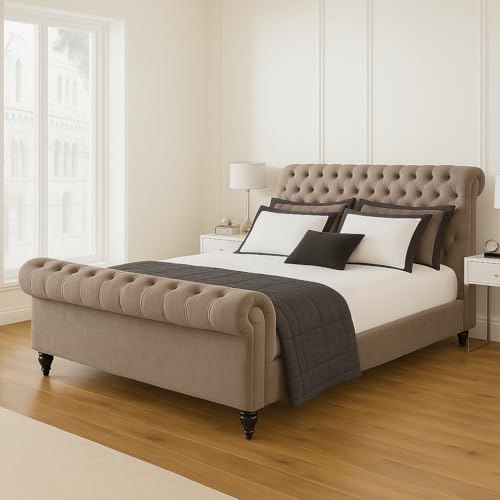 Bed Croft Chesterfield Sleigh Bed - Upholstered in Plush Velvet Fabric - Mattress/Gas Lift Option - Uk Made - Double/King/Super King (Mink Plush, Double 4ft6 Bed Frame)