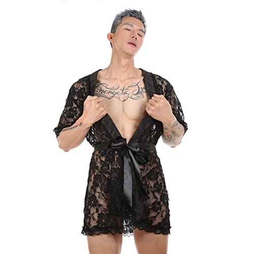 ITODA Men's Sexy Sissy Lace Bathrobes Pajamas Robes Set Night Lingerie with Thong2