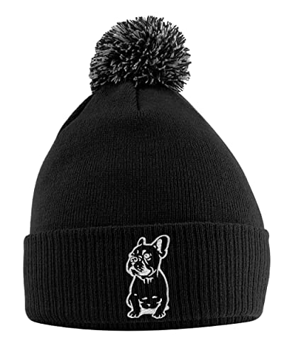 French Bulldog Bobble Hat - Frenchie Beanie Hat with Bobble - Christmas French Bulldog Dog Lover Gift Idea for Men Women Kids, One Size, Black