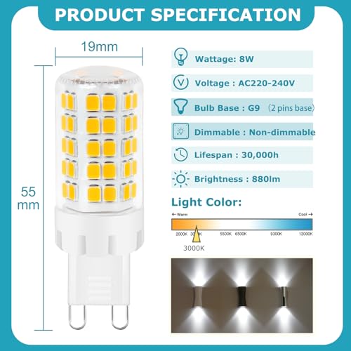 G9 8W LED Light Bulbs Warm White 3000K, LEDs GU9 Bulbs Not Dimmable, Equivalent to 60W 80W Halogen Bulb, G9 LED Corn Light Bulbs for Home Lighting, Non- flicker, AC 220-240V,360° Beam Angle, 3 Pack - Image 6