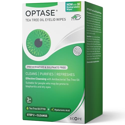 Optase Tea Tree Oil Eyelid Wipes Cleanses Purifies and Refreshes Eyelids Preservative Free 30 Biodegradable Wipes Effective Cleansing with Antibacterial Tea Tree Oil
