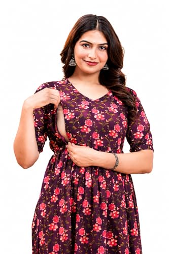 Image of THE Moon Star Women's Cotton Floral Printed Anarkali Maternity Feeding Kurti | Breastfeeding Dress for Mothers | Zipper Feeding Kurti, Nursing Kurti, Comfortable and Trendy Maternity Wear