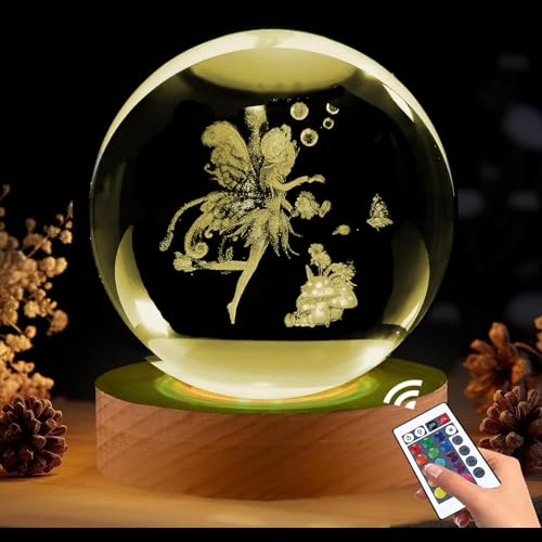 Shellvcase Fairy Gifts for Women Girls, 3.15in 3D Figurine Crystal Ball Lamp with Remote Control, Fairy Decor for Bedroom, Birthday Christmas for Girls Women Lovers