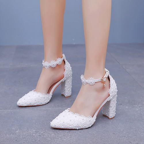 Women's High Heel Pumps Pointed Closed Toe Sandals White Lace Pearls Strap Chunky Heels Bridal Wedding Party Shoes3