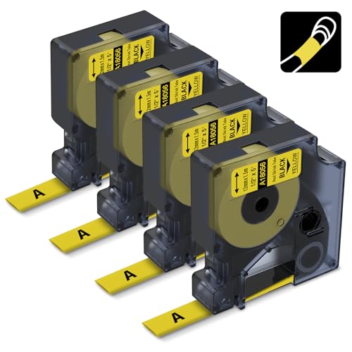 Aonomi Industrial Labels Replace for DYMO 18056 A18056 12mm Heat Shrink Tube Label Compatible with DYMO Rhino 4200, 5200, 5000, 6000, 6000+ Industrial Label Maker, Black on Yellow, 1/2" x 4.9',4-Pack