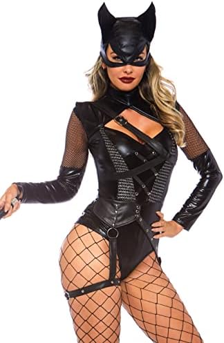 Leg Avenue Women's 2 Pc Villainess Vixen Bodysuit Costume with Attached Garter, Hooded Mask, Black, X-Small