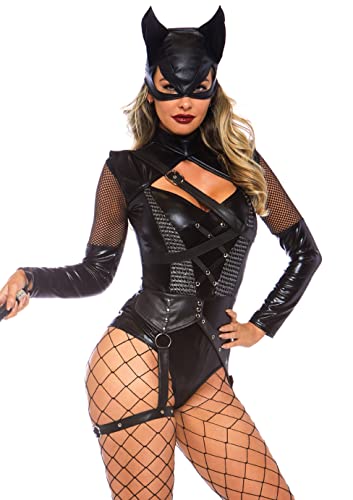 Leg Avenue Costume 2 pièces Villainess Vixen pour femme avec jarretière attachée, masque à capuche, noir, taille XS
