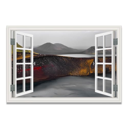 Cuadro lienzo efecto ventana de montañas nevadas 20x30cm, decoración moderna de hogar sin marco