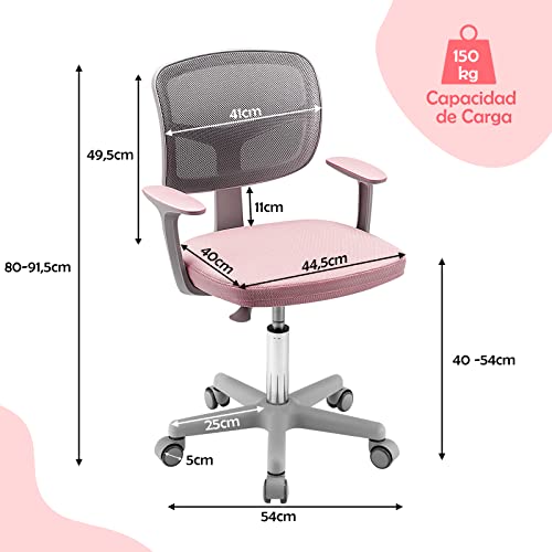 Miniatura 3 de Costway Silla Escritorio Infantil, Silla Juvenil Para Escritorio, Silla Para Niños Con Altura Regulable, Silla Giratoria De Red Para Niños 3-10 Años, Para Casa Escuela Rosa