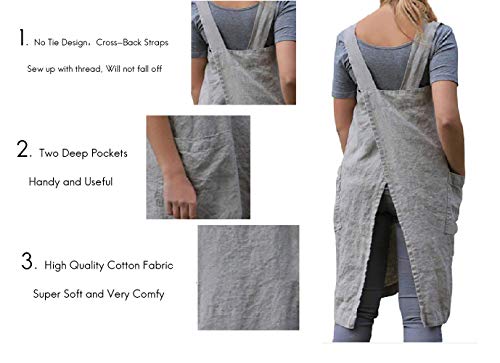 Women’s Pinafore Square Apron Baking Cooking Gardening Works Cross Back Cotton/Linen Blend Dress With 2 Pockets Gray #TOP2