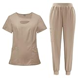 VIAOLI Fashionable Neck Scrub Set for Women - Top & Tapered Leg Jogger Pants - Medical Nursing Uniforms