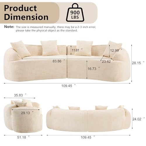 Image of 109-Inch Curved Boneless Modular Sofa Compressed 4-Seat Cloud Couch with 4 Pillows, Modern Curved Boneless Foam Sofa Floor Deep Seat Cloud Couch for Living Room Bedroom