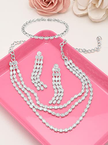 Image of ZAVERI PEARLS Silver Tone Marquise Cubic Zirconia Layered Necklace Earring & Bracelet Set For Women-ZPFK12586