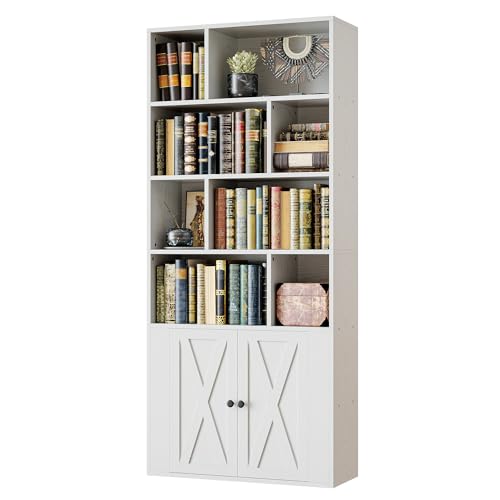 IRONCK Bookcase with Doors, Tall Bookshelf with Storage, Bookshelves and Bookcases with 8 Open Cubes for Living Room, Bedroom, Office