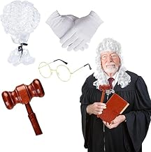 4 Pcs Judge Costume Accessories, with Wigs Glasses Wooden Hammer Gloves, Court Lawyers for Theme Parties Role-Playing Halloween Carnivals Court Lawyers' Wigs Clothing Accessories