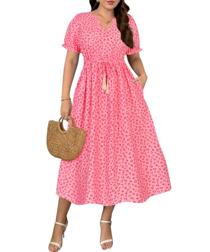 RITERA Plus Size Dress for Ladies Smocked V Neck Multi Pink Leopard Color Block Shorts Puffle Sleeve Drawstring Wasit Summer Maxi Dresses with Pocket Hawaiian 5XL 28W