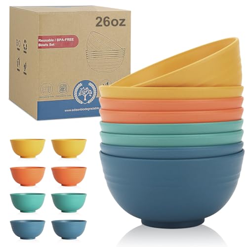 Wrova Reusable Plastic Bowl Sets 8 PCS Unbreakable Cereal Bowl 26 OZ Microwave and Dishwasher Safe Bowl Sets for Camping and Picnic Lightweight Kitchen Bowls for Serving Soup Oatmeal and Fruit-Multi