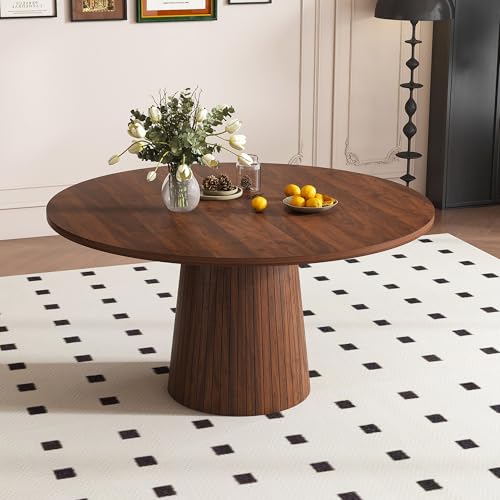 Image of Modern Round Dining Table, 47 inch Walnut Round Kitchen Table with Wood Grain Tabletop & Fluted Strip Base, Space Saving Circle Dining Table Seats 4-6, Ideal for Dining Room, Living Room, Small Space