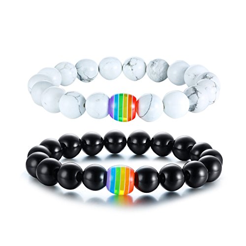 Black Agate and White Howlite Rainbow Gay Pride Relationship Beaded Bracelets Equality Jewelry,Couples Gay Wedding Gift