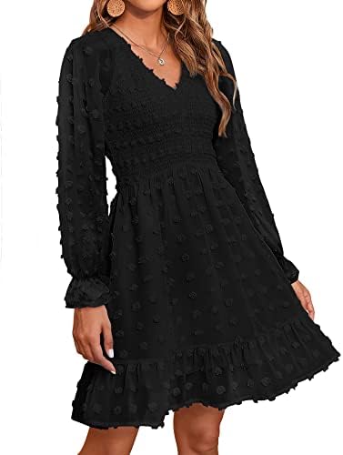 BTFBM Women Long Sleeve V Neck Smocked Short Dress Flowy Casual SwissDot Ruffle Mini Babydoll Spring Summer Dresses 2023(Solid Black, Medium)