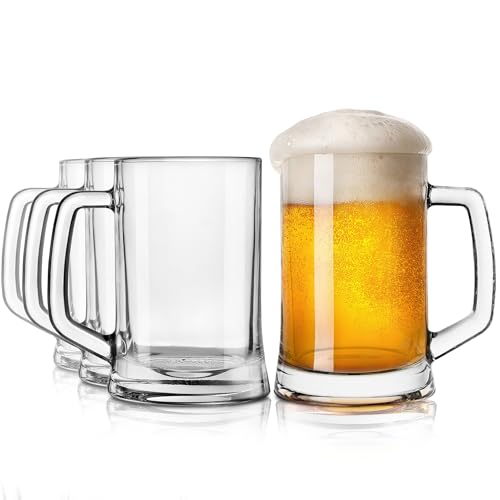 KONZEPT Boccale da birra in vetro, 0,5 litri, set da 4 bicchieri da birra con manico, perfetto per casa, ristoranti e birrerie, lavabile in lavastoviglie