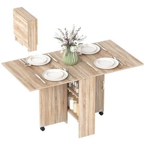 HOMCOM Tavolo da Pranzo Pieghevole, Tavolo Cucina a Ribalta per 6 Persone, Scrivania Richiudibile Salvaspazio con 2 Ripiani Aperti e Ruote a Freno, per Soggiorno, Ufficio, 140x75x74cm, Color Legno