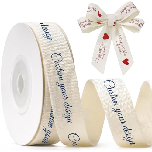 5-25 Yards Custom Cotton Ribbon (5/8 3/4Inch) Personalized Fabric Ribbon with Name & Text for Gift Wrapping Wedding Favors Baby Shower Birthday & Small Business Packaging