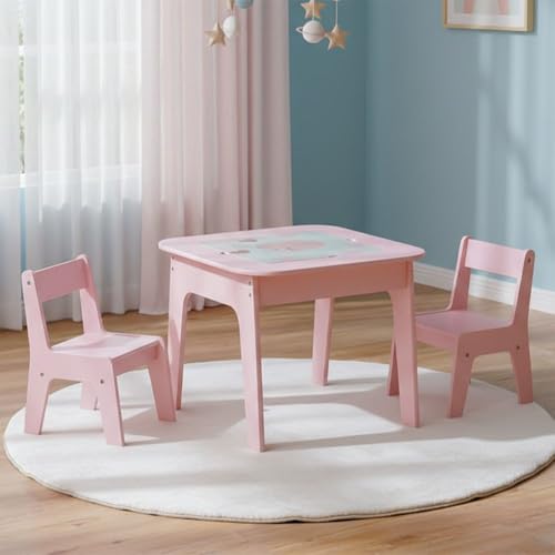 Danube Home Candy 1+2 Kids Table With Storage/Lego Top & Chair Set | Arts And Crafts Desk | Modern Wooden Kids Table Set For Nursery Room L60xW60xH49.5cm - Pink