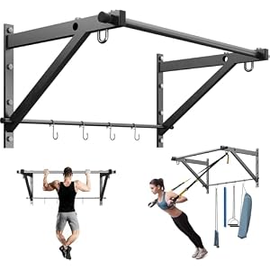 Wall Mounted Pull Up Bar, Strength Training Chin Up Bar for Doorway and Wall Mount with Hooks, Adjustable Depth Pull-up Bar with 500LBS Weight Capacity, Heavy Duty Gym Home Training