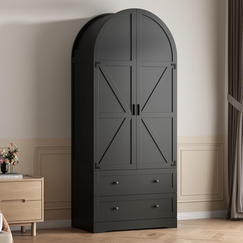 Gyfimoie Black Armoire Wardrobe Closet with 2 Drawers, 74.8\" Wooden Wardrobe with 2 Doors, Freestanding Closet Armoire Cabinet with Hanging Rack, Clothing Storage Cabinet for Bedroom (Black)