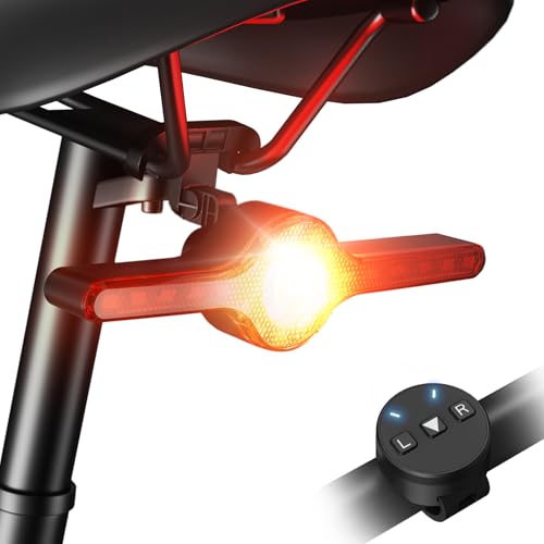 Image of Bike Tail Light with Turn Signals Remote, Brake Sensing Rear Bike Light, 7 Light Modes, USB-C Rechargeable 1000mAh, 270° Visibility, Water-Resistant, Seatpost Mount for Road & Mountain Bikes
