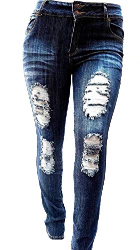 Jack David Womens Plus Size Stretch Distressed Ripped Blue Skinny Denim Jeans Pants (22, JD-N936-R Blue)