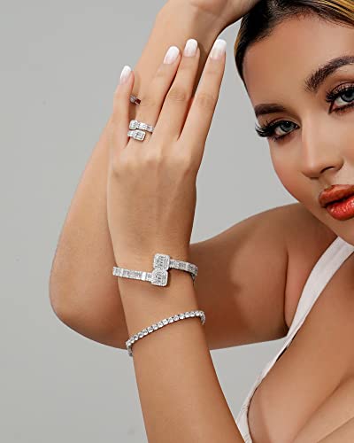 Lulu Mel Iced Out Baguette Diamond Bracelet Jewelry For Women, Hip Hop Mens 14K Gold Silver Plated Cubic Zirconia Bangle Bracelet, Girls Heart Cuff Bracelet With Jewelry Box (Silver, 8Inch) #TOP1