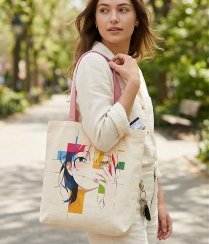 Image of Canvas Tote Bag with Zipper for Women| Inside Pocket | Cotton College Shoulder Bag | Stylish Travel Sling & Handbag for Daily Use | Cotton Canvas Fabric