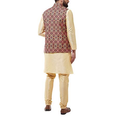 Image of SOJANYA (Since 1958 Men's Silk Blend Gold Kurta Pyjama & Printed Nehrujacket Combo