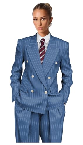 Hoawsyu Blue Suits for Women Plus Size 2 Piece Pinstripe Womens Suit Wedding Double Breasted Work Business Peak Lapel Suits Size 6X-Large