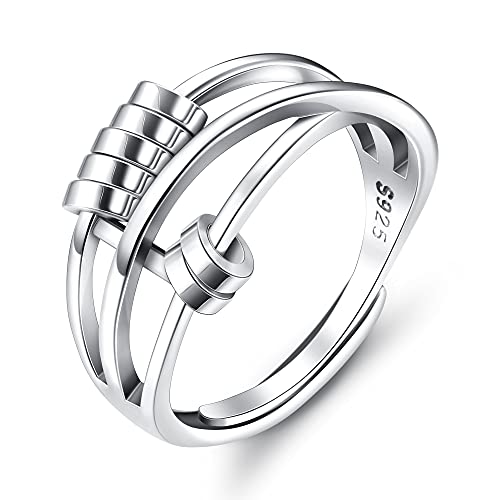 Milacolato 925 Sterling Silver Anxiety Ring for Women Men Fidget Peace Rings for Anxiety Stress Reliever Spinner Ring Retro Adjustable Band Rings Anxiety Relief Spinning Ring
