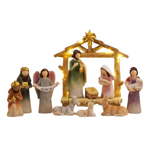 Qsvbeeqj Figuras de belén de Navidad, resinas, estatua de belén con establo, centros de mesa, decoración del hogar, resinas de la familia sagrada con establo