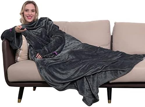 Winthome Wearable Blanket with Sleeves. Soft and Warm for Sofa Lovers. Two Sizes, with Elastic Cuffs, Hook and Loop Fastener (Blue, 140x170cm)