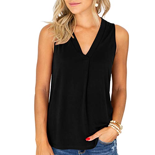 Besfly Tank Tops For Women V Neck Tunic Top With Legging Sleeveless Blouses Flowy Cami Ruched Shirts A-Black #TOP23