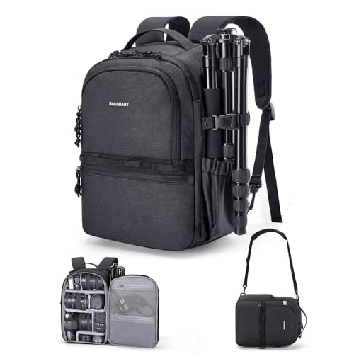 BAGSMART Camera Backpack, DSLR SLR Small Camera Bags for Photographers Compatible for Sony Canon Nikon, Shoulder Strap 2-in-1 Travel Backpack Fits 12.9" iPad, Black