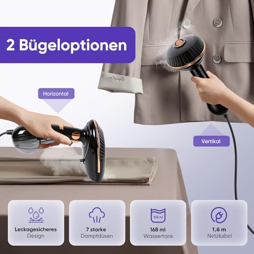 Pureluma Steamer Dampfglätter - 1500W Steamer, 168ml Wassertank Dampfglätter, Faltenentferner für Kleidung & Clothing, 30s Schnellaufheizung, Bügeleisen 2-in-1 Steamer für Reise & Urlaub