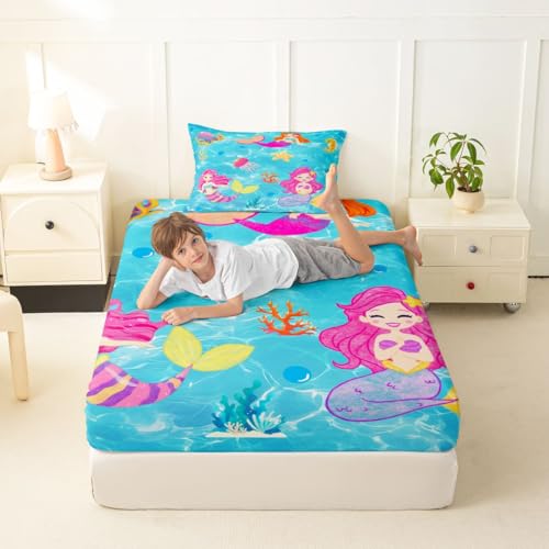 Image of jejeloiu Mermaid Bed Sheets Sets Twin Size Kids Boys Girls Tropical Ocean Bedding Set Blue Pink Bed Sheet Set with 16-Inch Deep Pockets Mermaid Tail 3Pcs with 1 Pillow Cases
