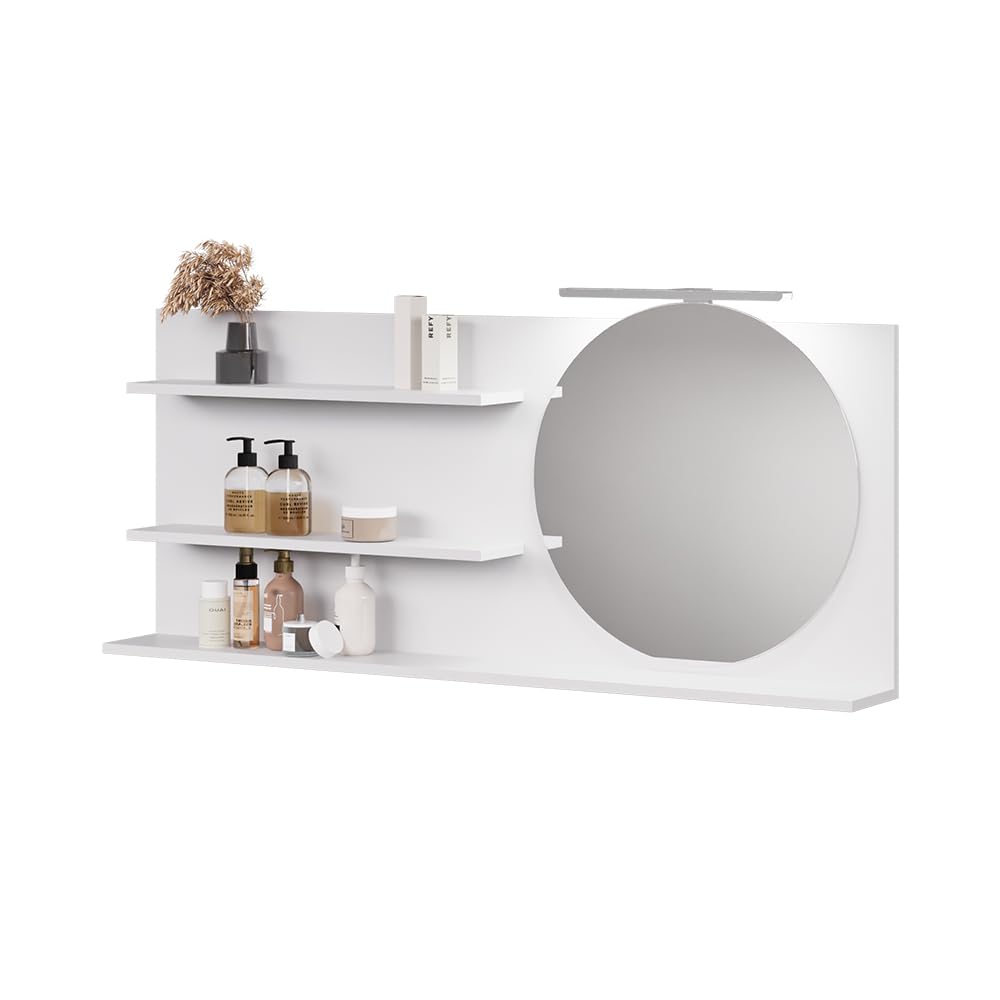 Vicco Specchio con mensola Avena, Bianco, 120 x 50 cm con 3 scomparti aperti, per montaggio a parete con illuminazione LED integrata