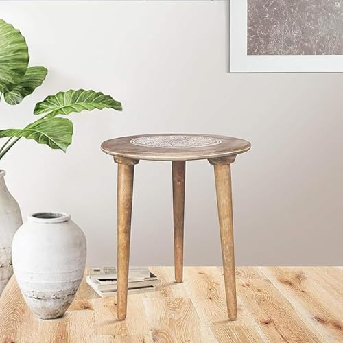 Image of Solid Wood Round Side Table for Living Room | Compact Sofa End Table with 3 Legs | Minimalist Wooden Accent Table for Bedroom Balcony Office Home Decor (White Wash, 12X12 Inches)
