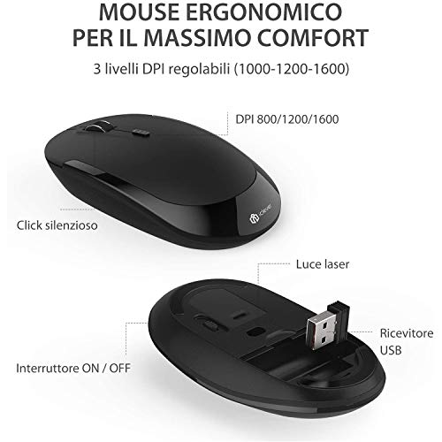 iClever Tastiera e Mouse Wireless - Tastiera e Mouse Portatili Wireless 2.4G, Batteria Ricaricabile Design Ergonomico Dimensioni Regolari Sottile Connessione Stabile DPI Regolabile (Nero)