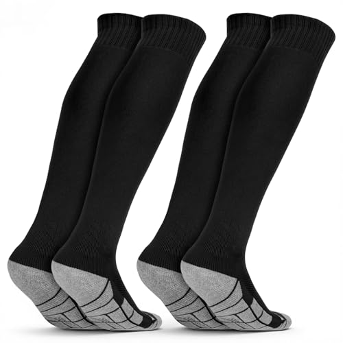 DiULi 2 Paires Longue Chaussette Foot Enfant, Chaussettes de Football pour Garçons Filles, Chaussettes Hautes de Rugby Basket, Pour la Course à Pied, I'entraînement et les Matchs, Noir, 38-45