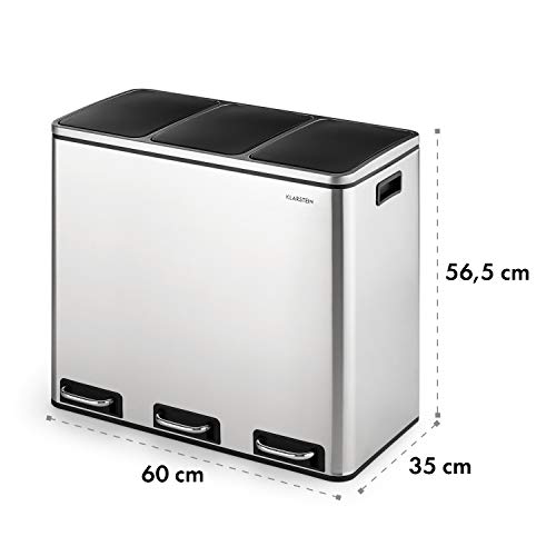 KLARSTEIN Grandmaster Trash Cubo de la Basura con pedal - 54 L con tres compartimentos 3 x 18 L, Reciclaje, Material: polipropileno/acero inoxidable, Asa, Acero cepillado negro